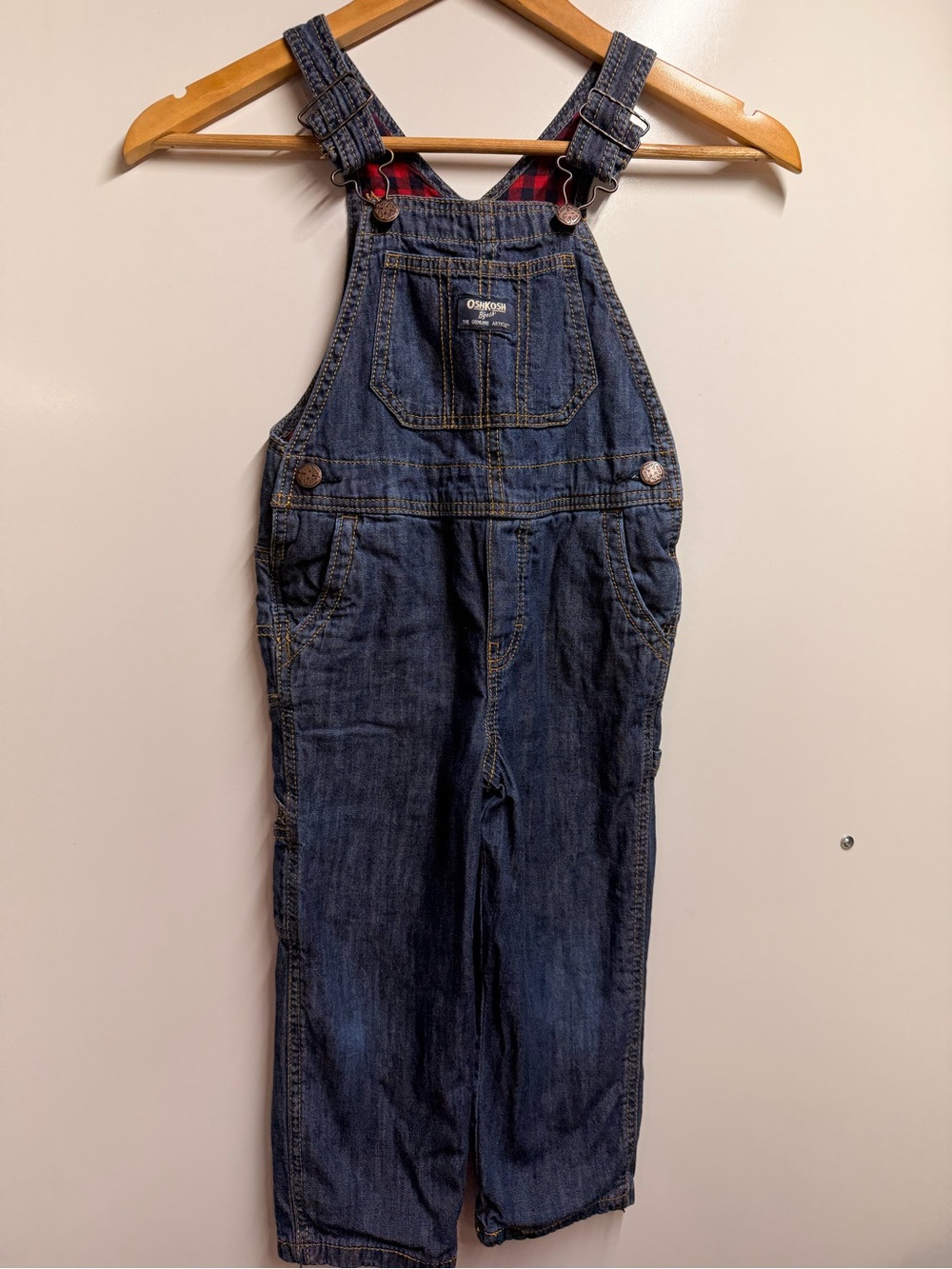 4T Oshkosh Red Plaid Lined Overalls Kids Toddlers Denim Adjustable